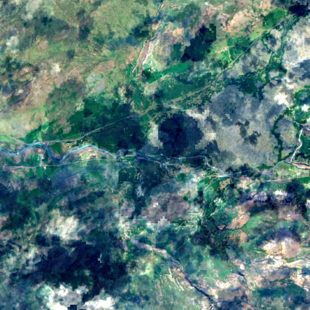 Hraunfossar seen from above (Sentinel-2)
