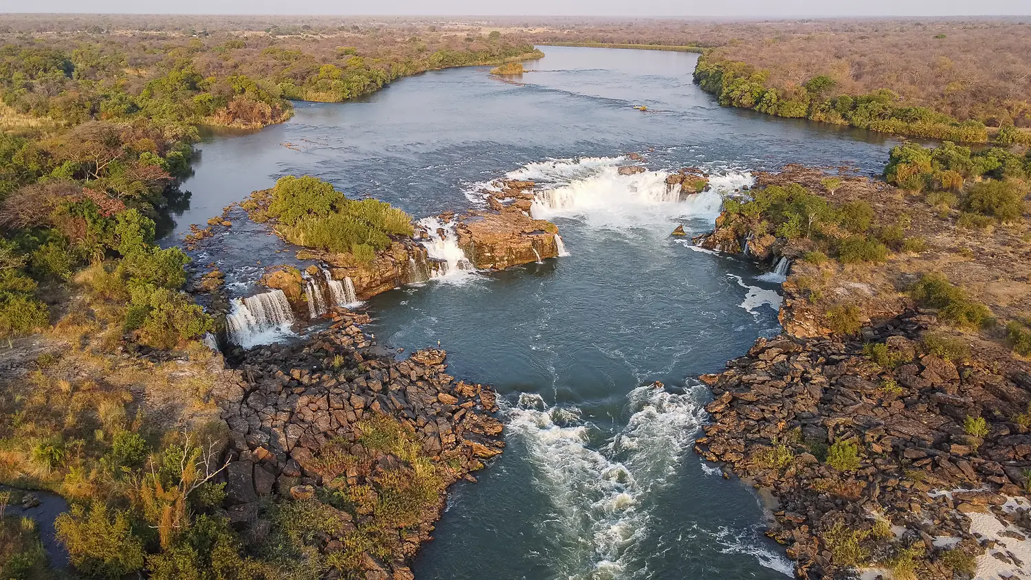 Ngonye falls at Zambezi river, Zambia (panoramic aerial view)