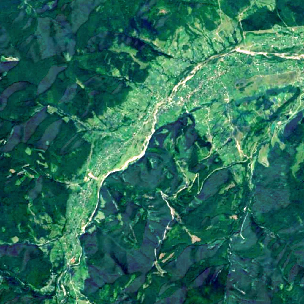 Pid Komynom Verkhnii Waterfall seen from above (Sentinel-2)