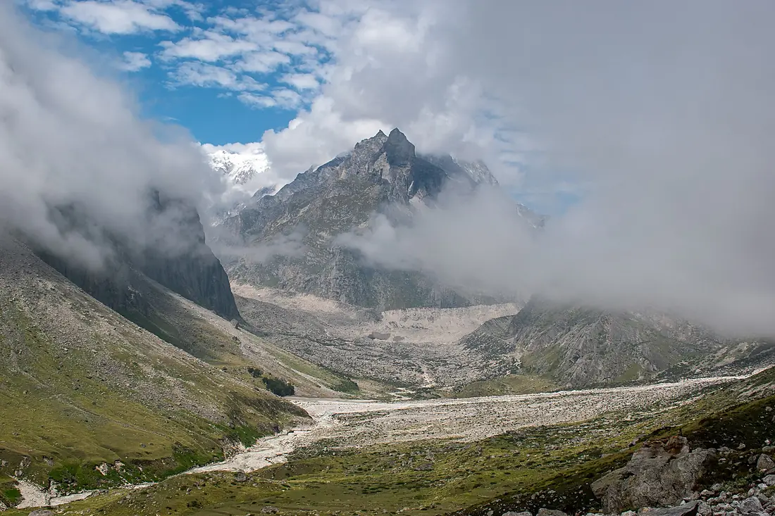 Balakun Peak and Valley Vista from Vasudhara Falls, Uttarakhand, India